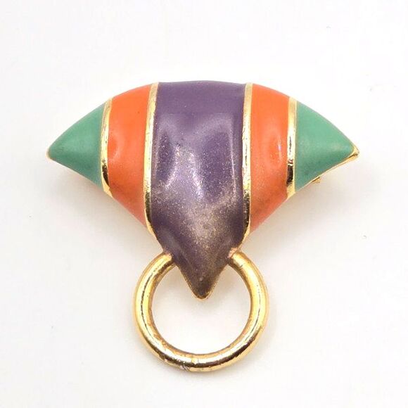 Vintage 1980s M Jent Gold Tone Green Purple Orange Enamel Triangular Brooch Pin - Picture 1 of 4